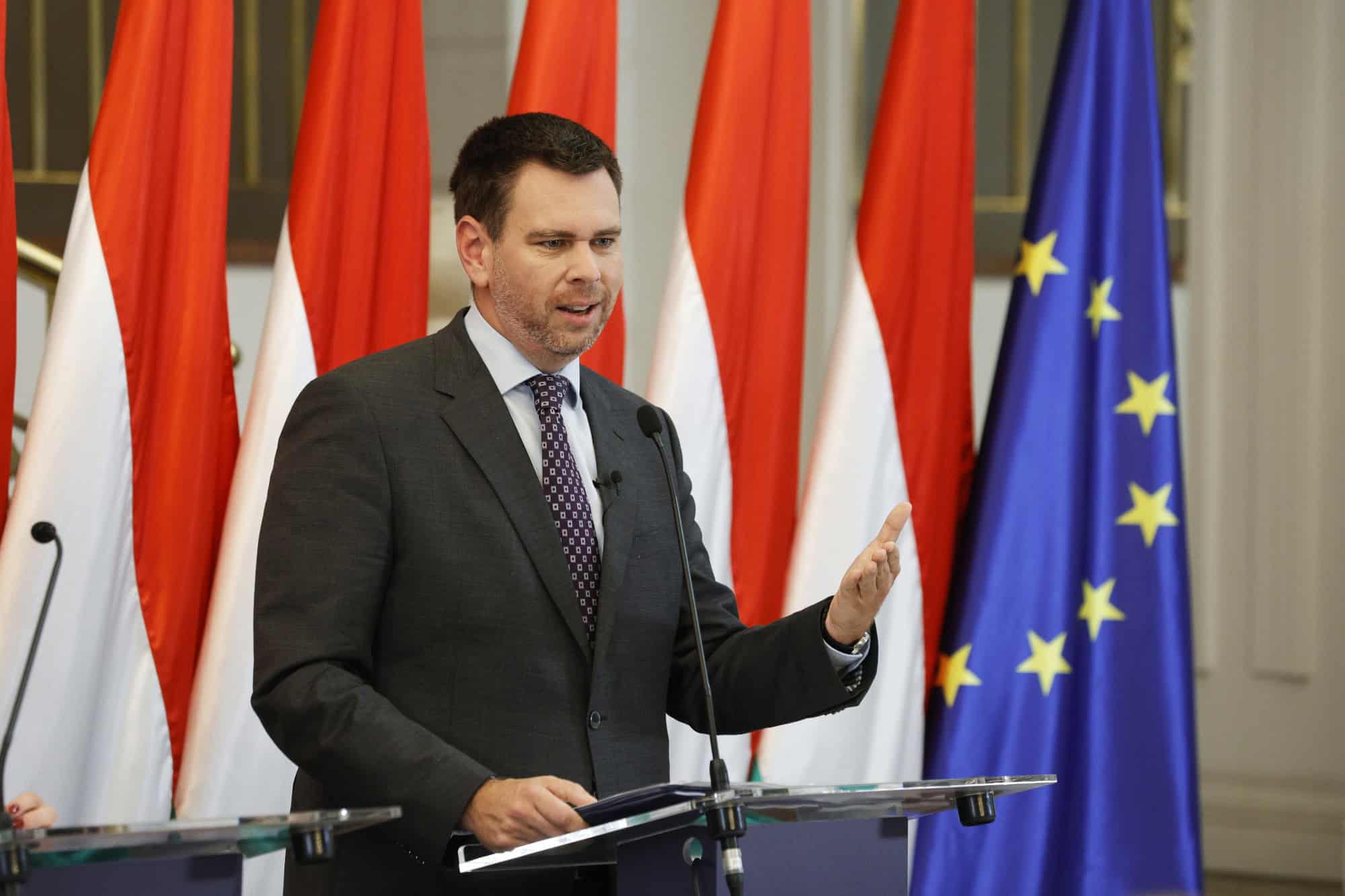 Magyar politikus beszél egy sajtótájékoztatón, háttérben magyar és európai uniós zászlók.