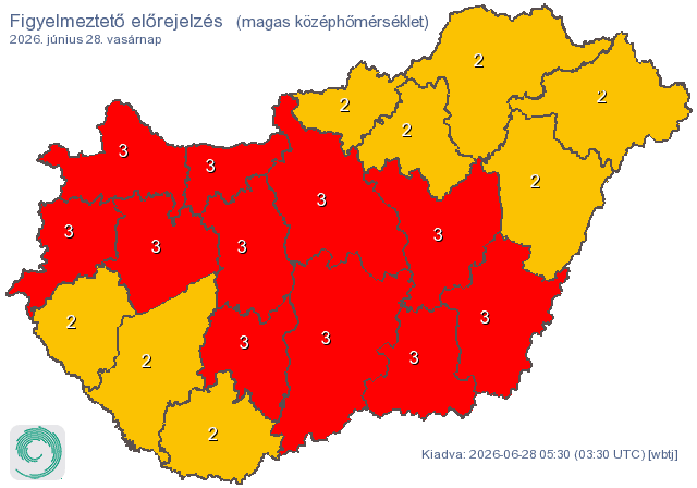 Magyarország térképe a hőség előrejelzéssel, 3-as és 2-es fokozatokkal.