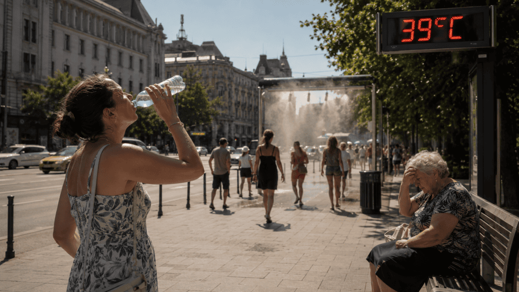 Nő hidratálódik a forró nyári napon a városban, 39°C hőmérséklet kijelzővel.