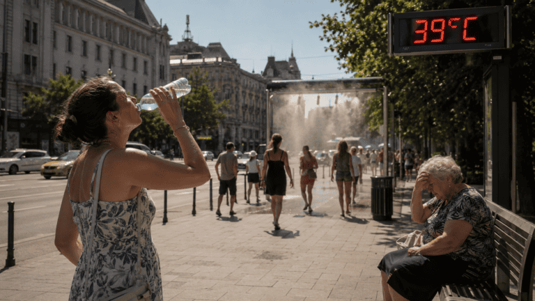 Nő hidratálódik a forró nyári napon a városban, 39°C hőmérséklet kijelzővel.