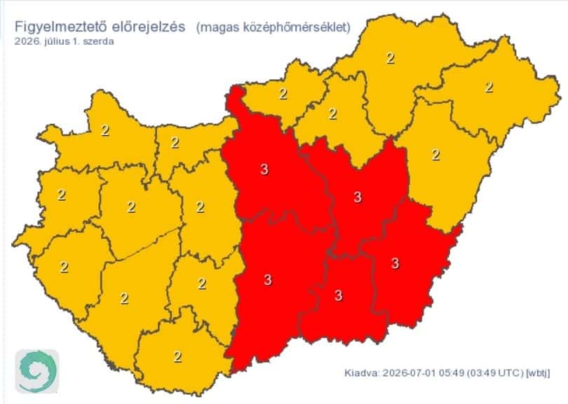 Magyarország térképe figyelmeztetésekkel, piros és sárga területekkel.