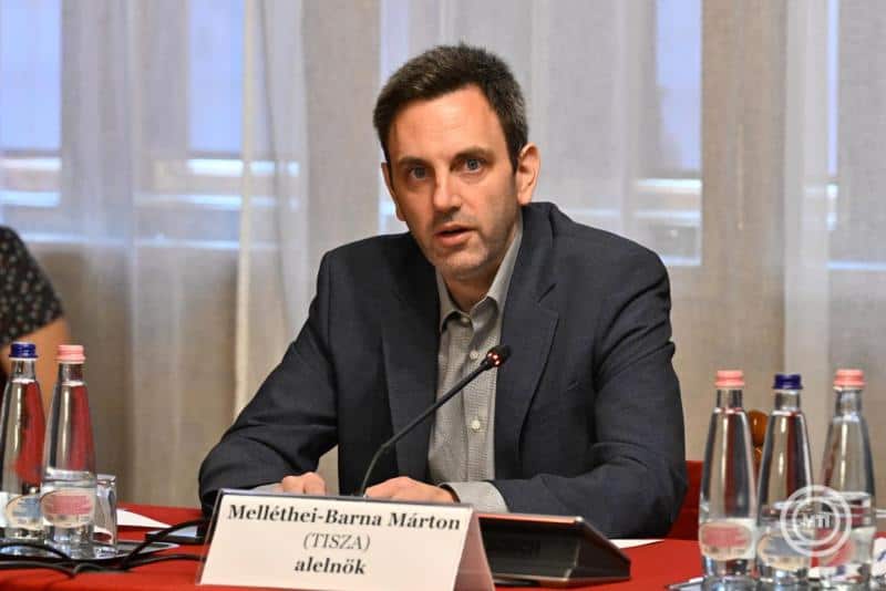 Melléthei-Barna Márton az asztalnál ül, beszél egy konferencián.