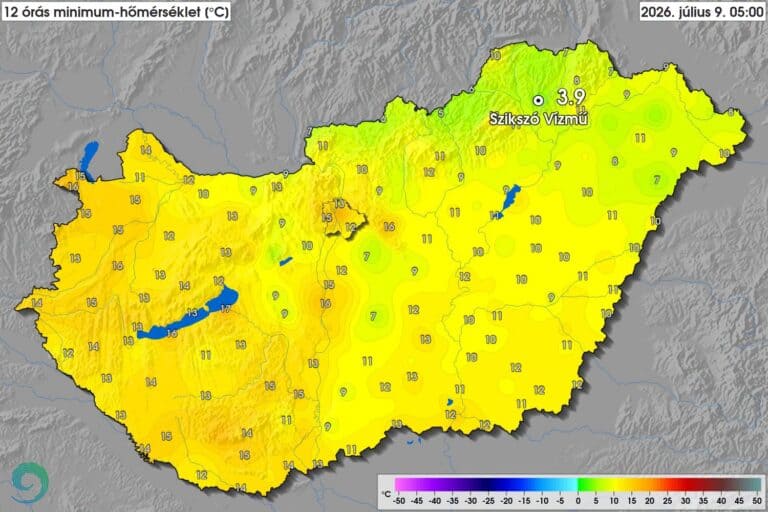 Magyarország térképe hőmérsékleti adatokkal, 12 órás minimum hőmérséklet.