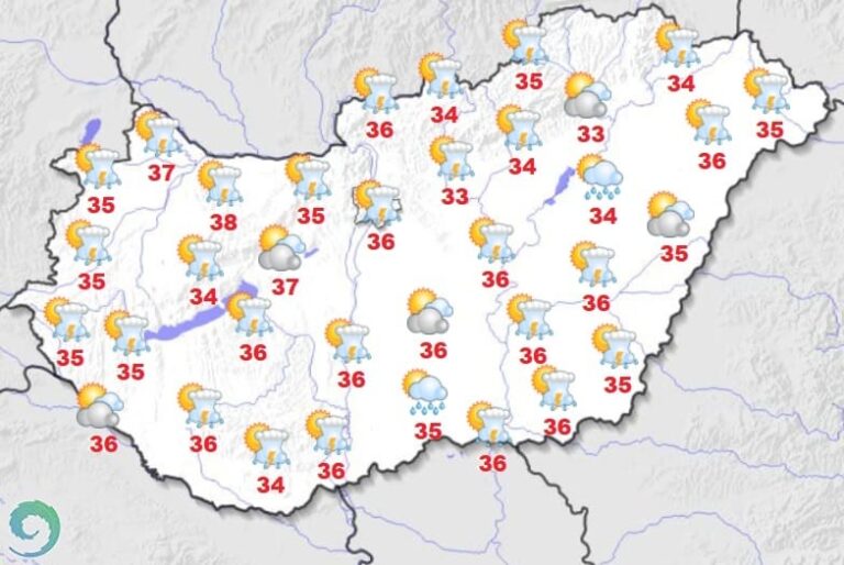 Magyarország időjárás térképe, felhőkkel és esővel.